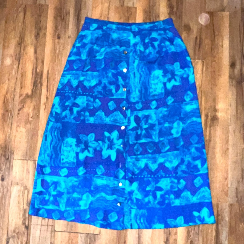Vintage 80’s Sport EJM Sz 10 Long Geometric Blue & Purple Button Front Skirt T2